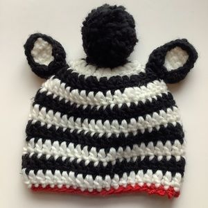 Baby Zebra crocheted hat w ears and Pom Pom NEW
